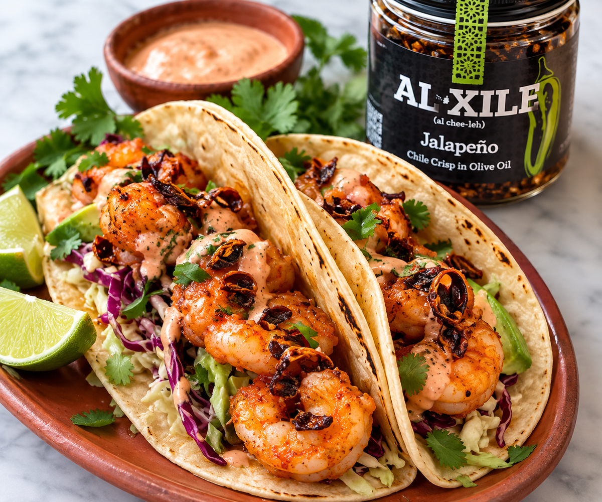 Spicy shrimp tacos with Al Xile Jalapeño Chile Crisp, avocado, cabbage and spicy mayo
